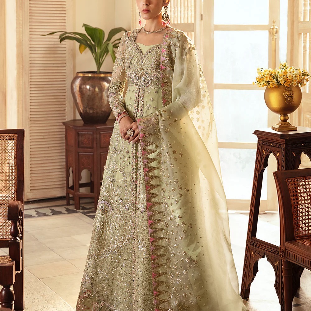 Soraya Sibel embellished Pakistani gown in pink and green